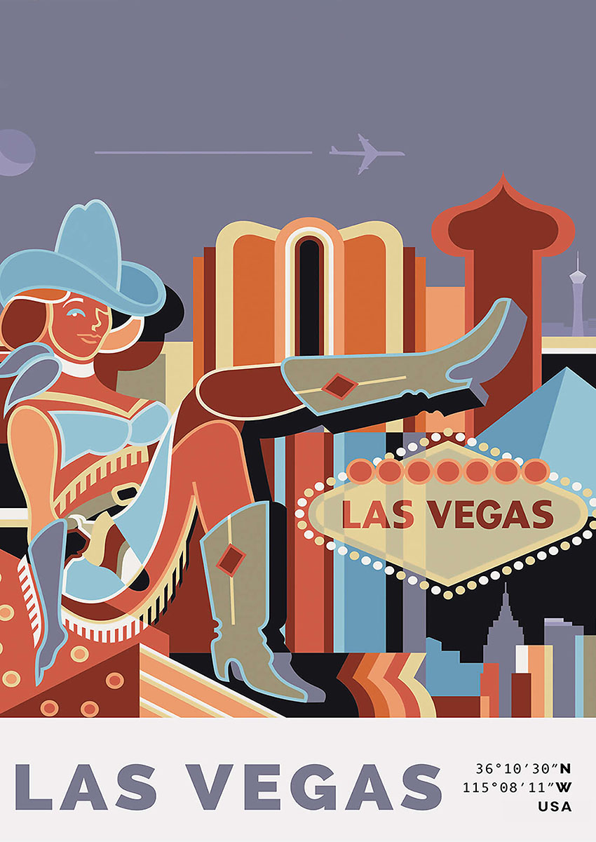 Vibrant Las Vegas retro style artwork featuring iconic landmarks and a showgirl posing.